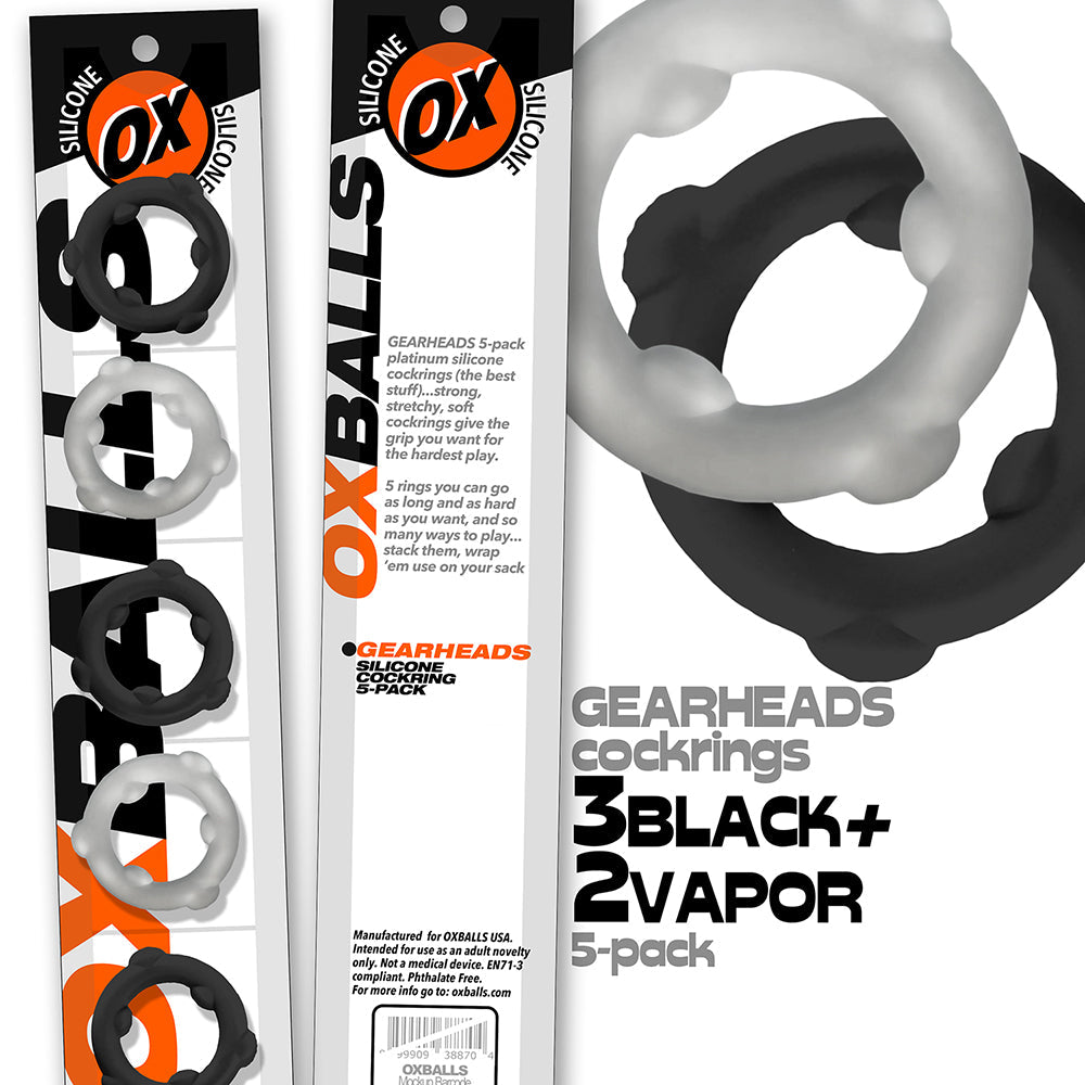 Oxballs Gearheads 5-Pack Cock Ring Set - Black/Vapor